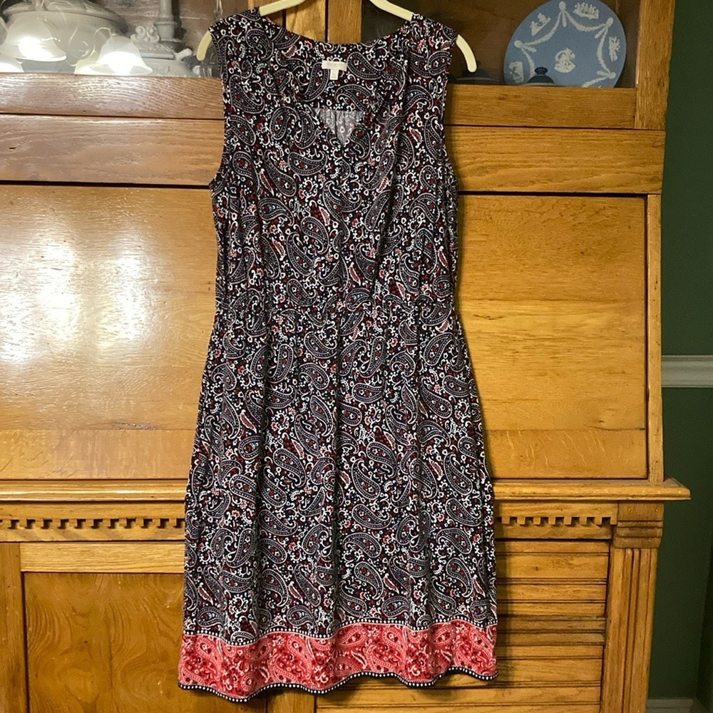 Talbots Womens Navy Red Paisley Sleeveless V-Neck Pocket Dress Size 12